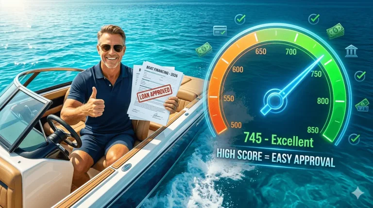 Buyer reviewing financing documents next to a luxury boat and credit score gauge, showing credit score for boat loan 2026 approval requirements.
