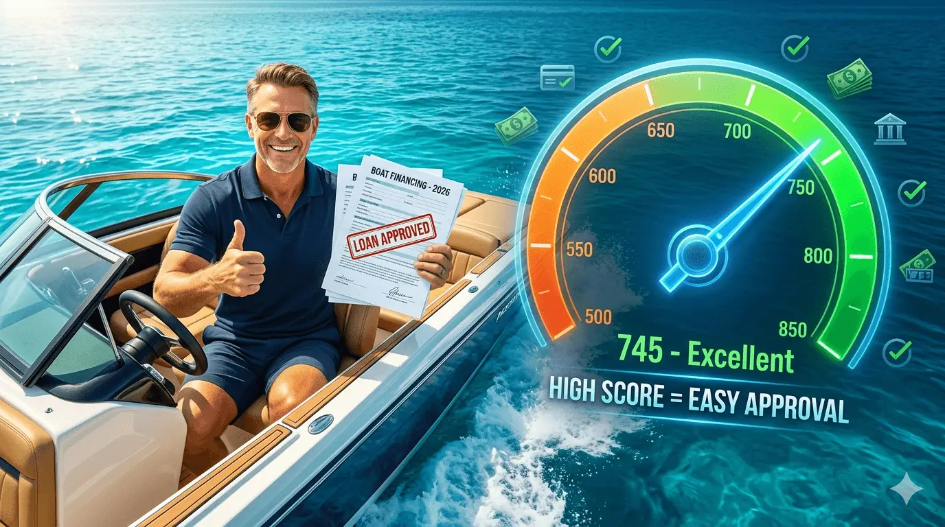 Buyer reviewing financing documents next to a luxury boat and credit score gauge, showing credit score for boat loan 2026 approval requirements.