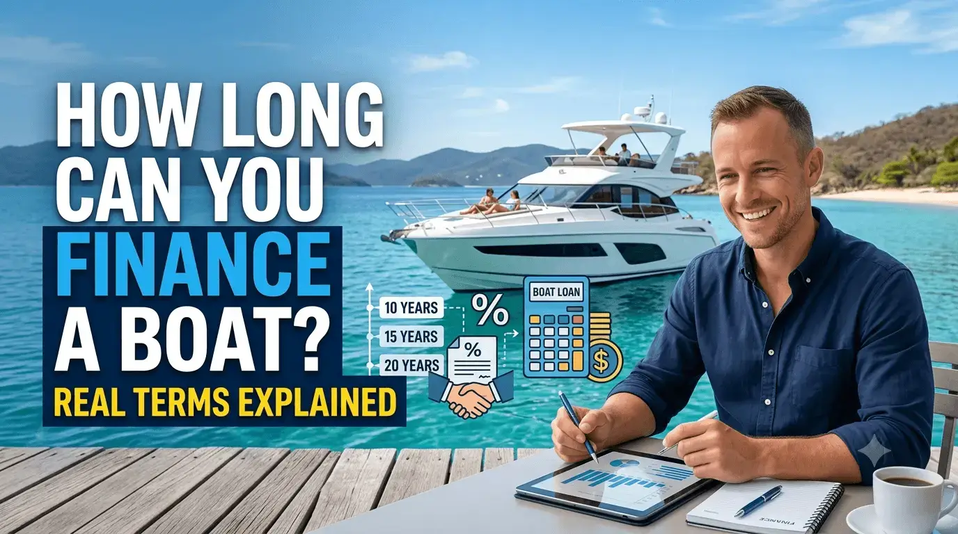 smiling man reviewing loan documents on a tablet at a dock, with a luxury yacht on tropical blue water in the background and text overlay reading "How Long Can You Finance a Boat? Real Terms Explained