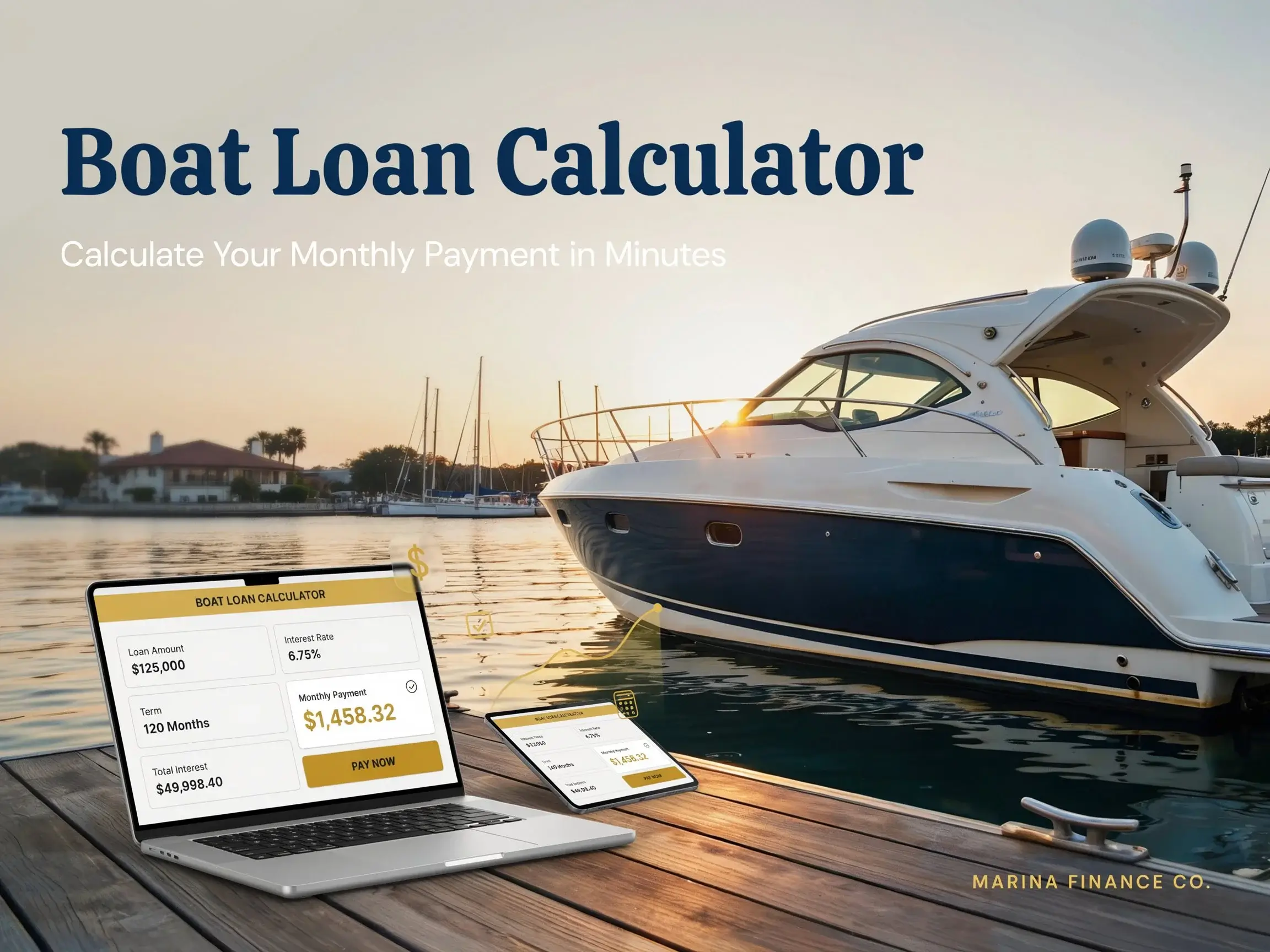 Luxury boat at a marina with a boat loan calculator displayed on a laptop screen showing estimated monthly payments and financing details.