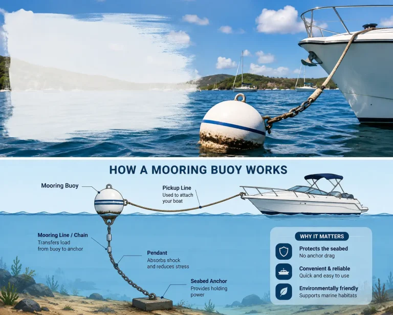 Mooring Buoy showing a boat securely attached with a mooring line in clear blue coastal water