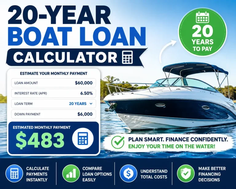 20-Year Boat Loan Calculator showing estimated monthly payment, loan term, APR, down payment, and boat financing illustration