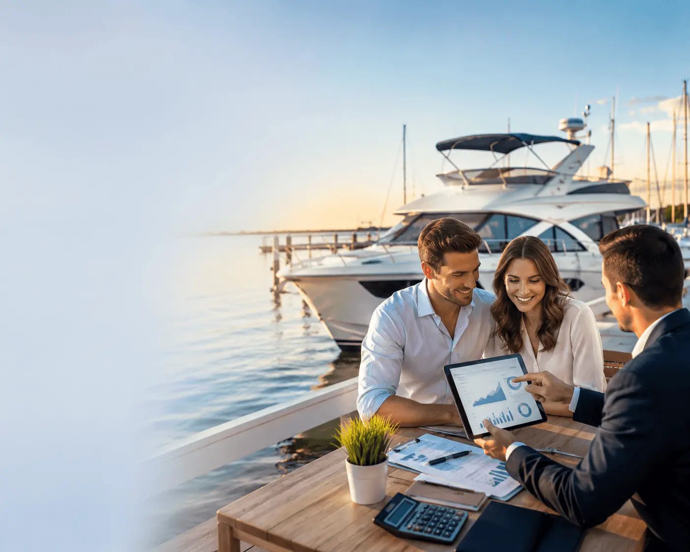 Boat Loan Interest Rates comparison showing a couple reviewing boat financing options with a lender beside a luxury boat at a marina.