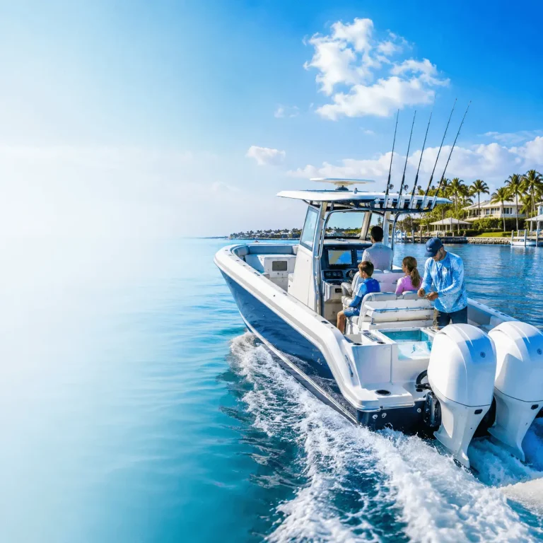Center Console Boats Guide featuring a modern offshore center console boat with twin outboard engines cruising on open coastal water.