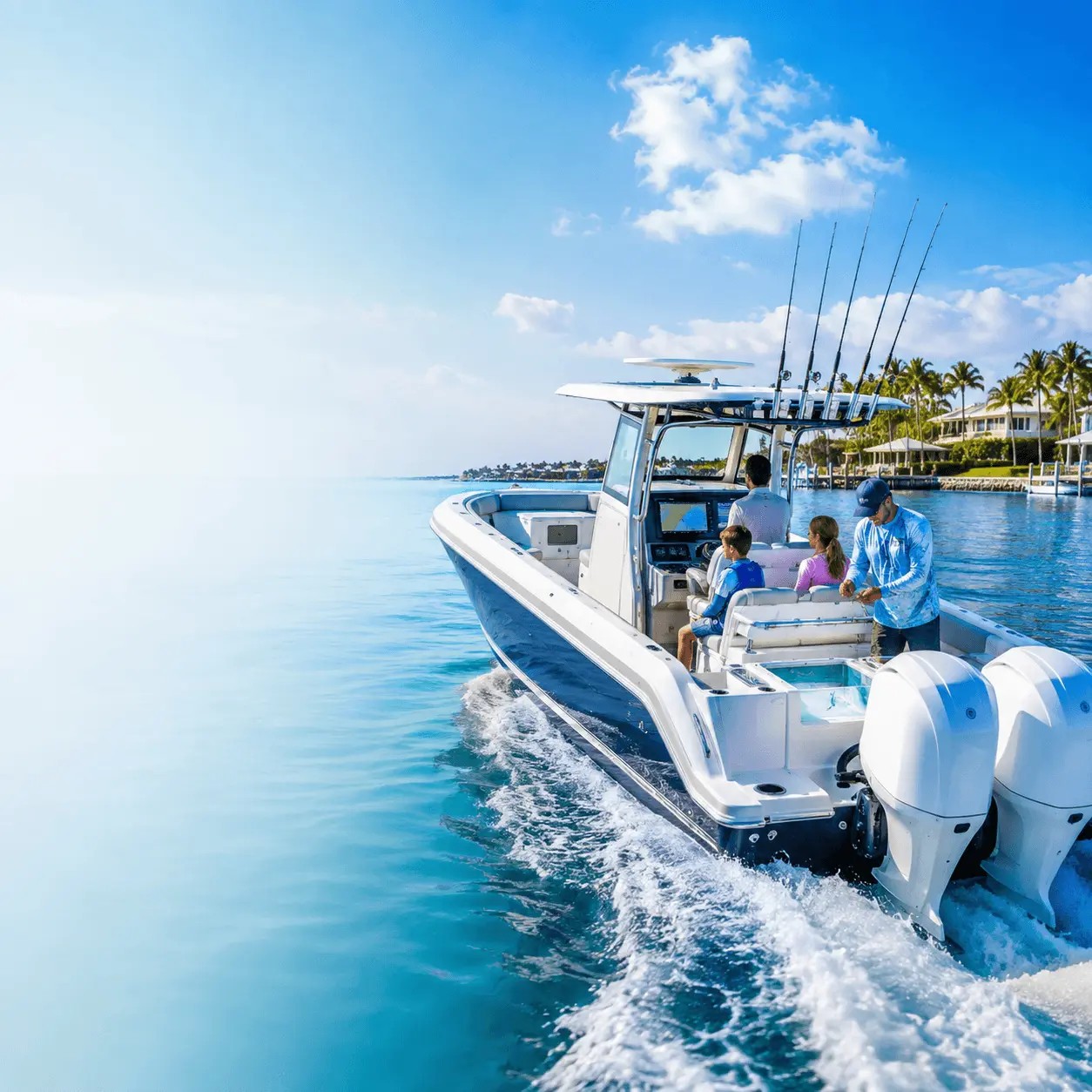 Center Console Boats Guide featuring a modern offshore center console boat with twin outboard engines cruising on open coastal water.