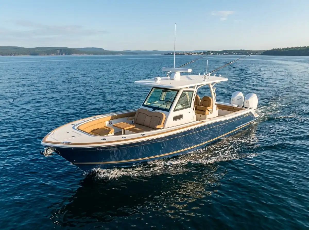 Luxury center console boats cruising offshore with premium seating and twin outboard engines