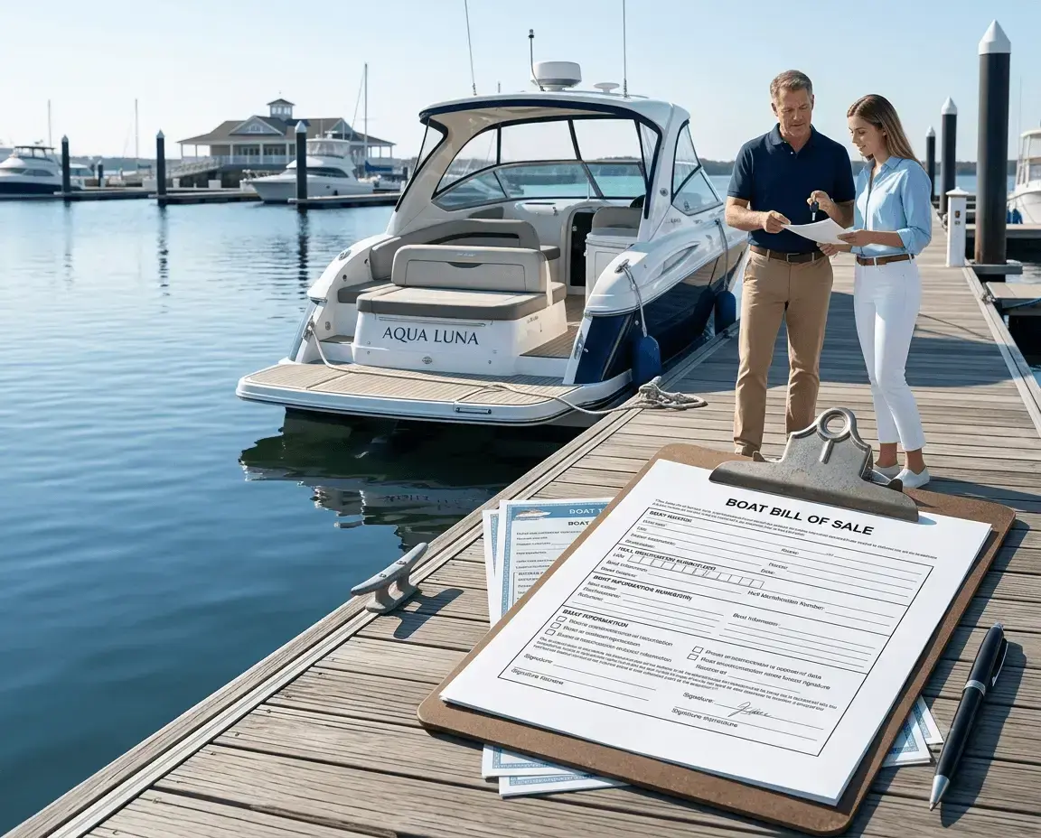 Boat Bill of Sale Template showing a buyer and seller reviewing boat sale paperwork at a marina.