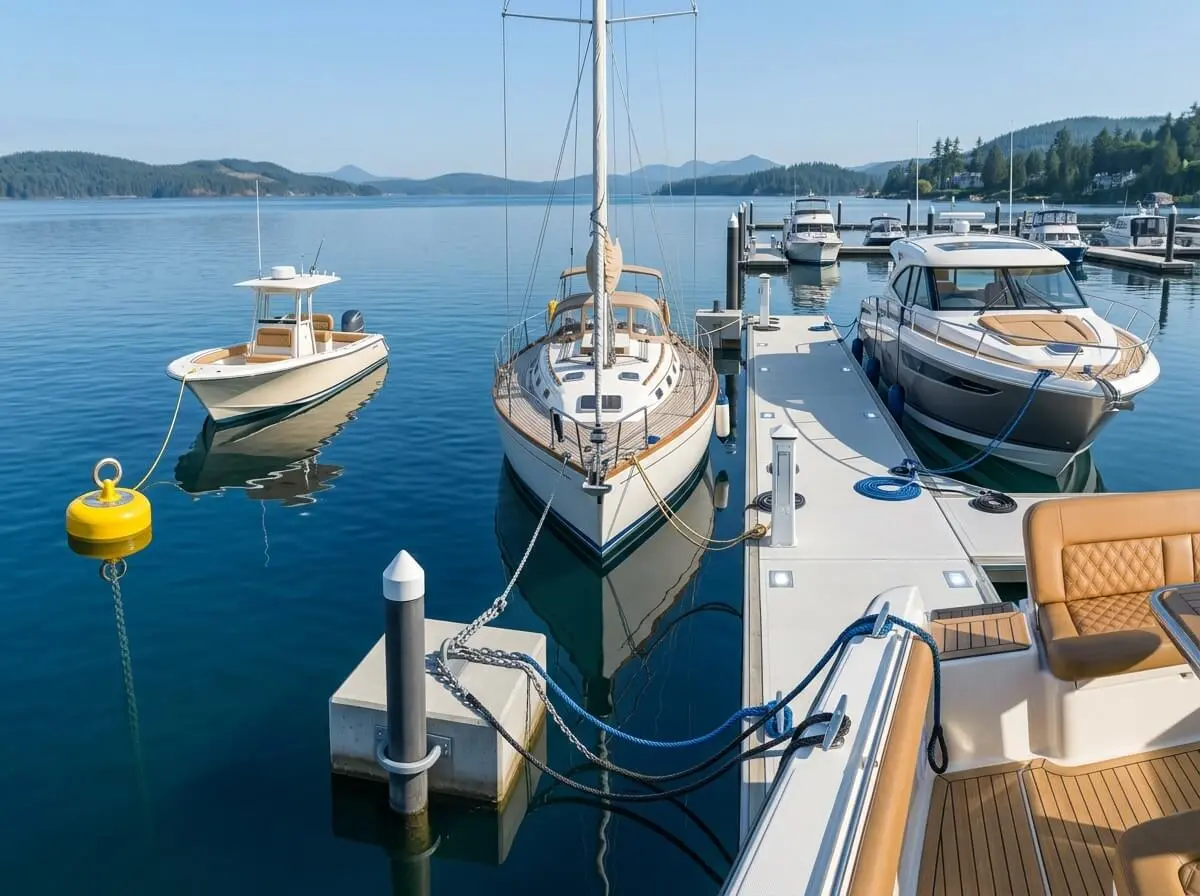 Types of boat moorings including swing, fore-and-aft, and pontoon systems