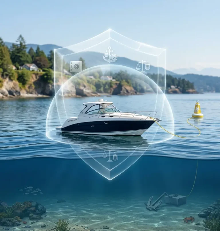 Boat Insurance Guide showing a recreational boat protected by insurance