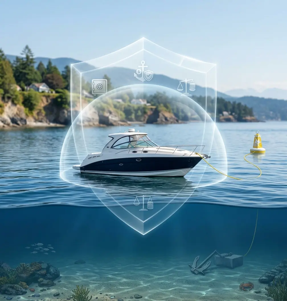 Boat Insurance Guide showing a recreational boat protected by insurance