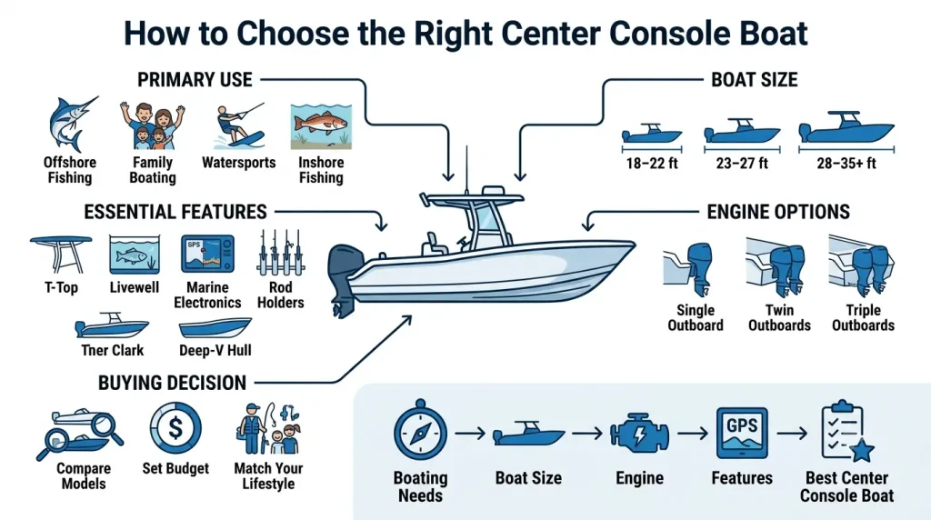 Center Console Boats Guide infographic showing boat size, engine options, key features, and decision framework for buyers.