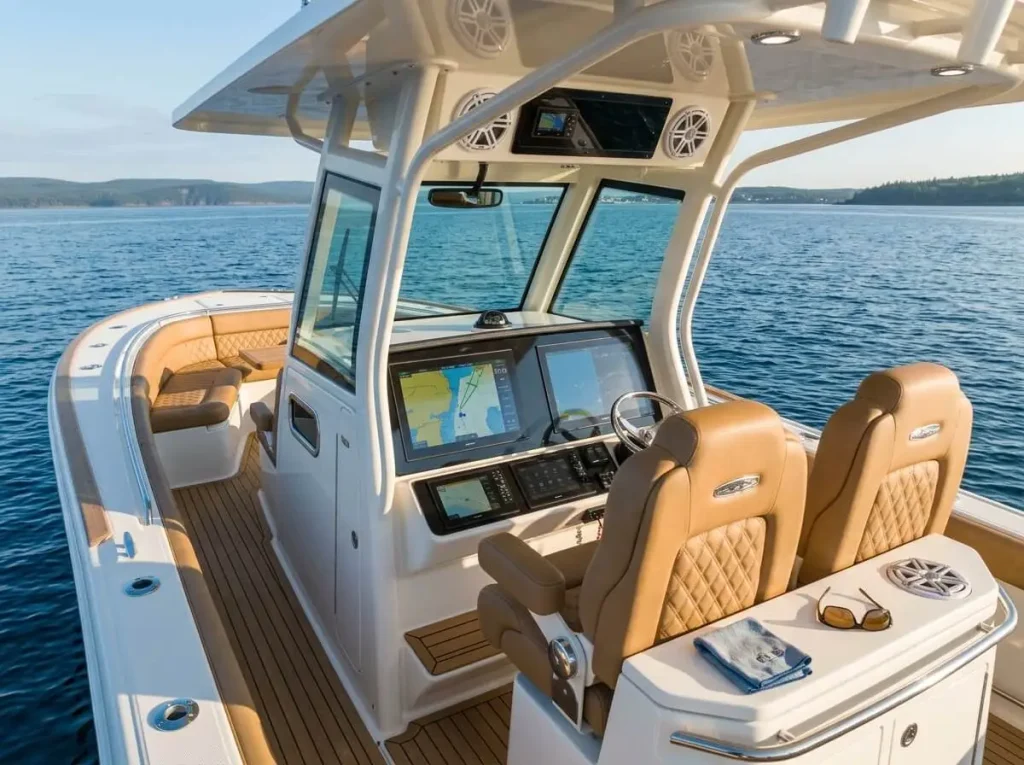 Luxury center console boat featuring premium helm electronics, seating and T-top