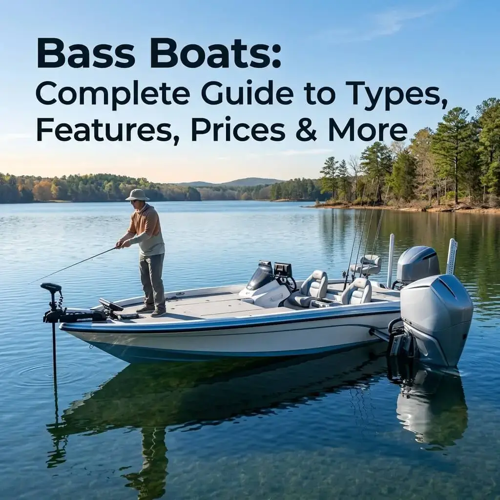 Bass Boats on a freshwater lake showing fishing features, casting deck, trolling motor, GPS, and outboard engine
