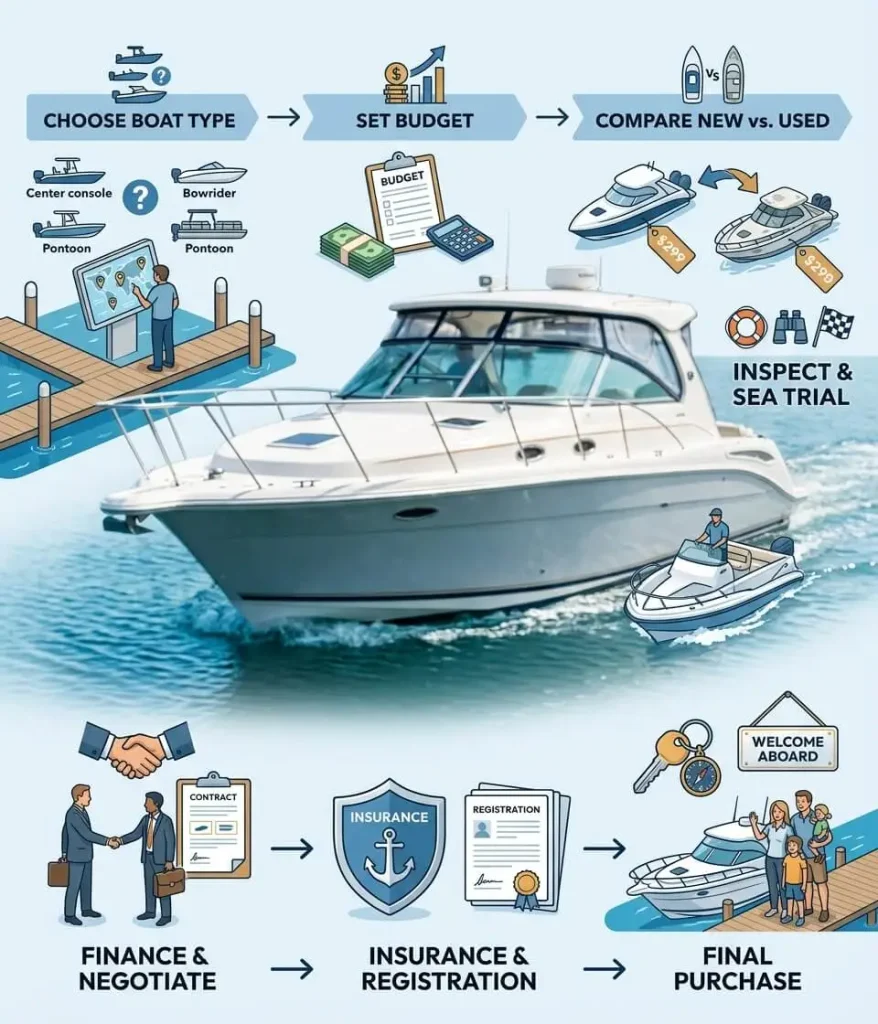 buy boat process infographic showing boat selection, budgeting, inspection, financing, insurance, and registration