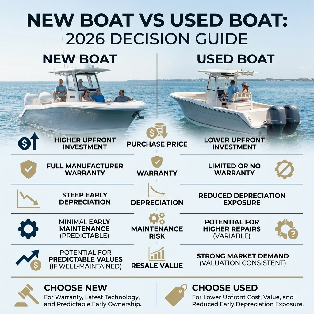 New vs Used Boat comparison showing a new and pre-owned boat with price, warranty, depreciation, and maintenance factors