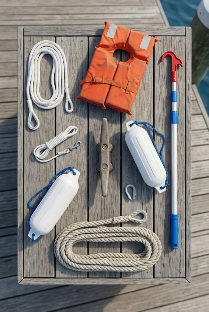 Essential boat mooring equipment including dock lines fenders and boat hook