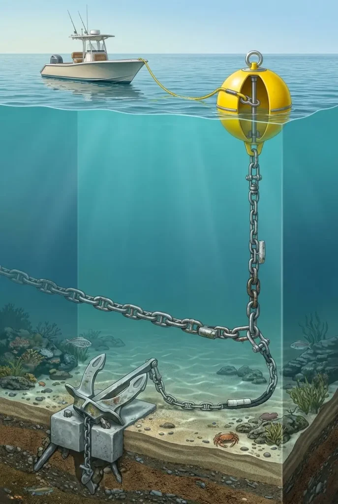 Boat mooring system showing the connection from the boat to the buoy, chain, and seabed anchor