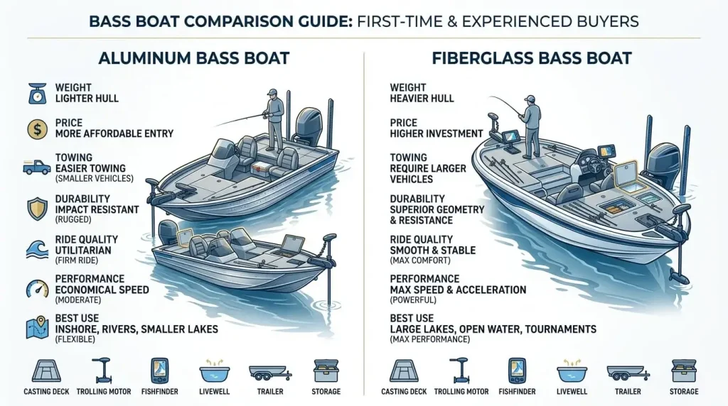 Bass Boats comparison showing aluminum and fiberglass hulls, prices, towing, performance, and key fishing features