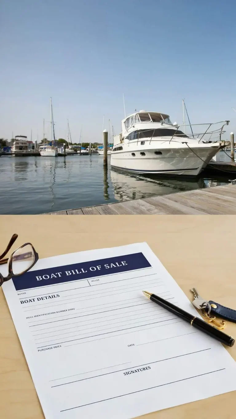 Boat Bill template showing a boat bill of sale document with buyer, seller, HIN, price, and signature fields