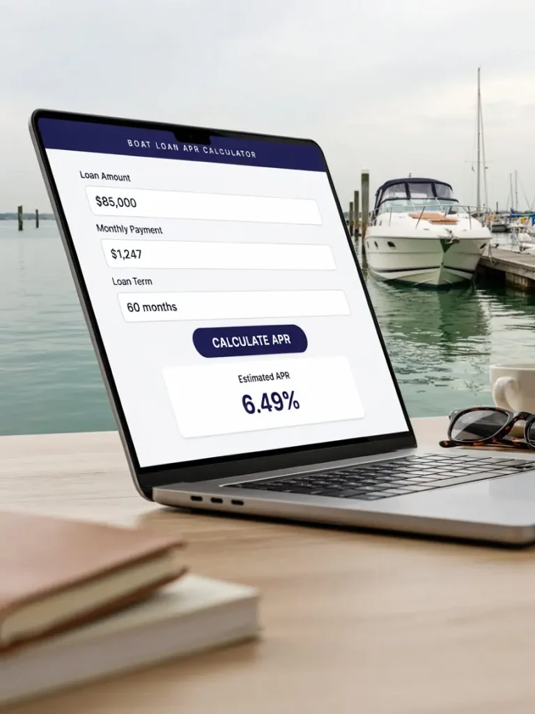 Boat loan APR calculator estimating interest rate from loan amount, monthly payment, and loan term