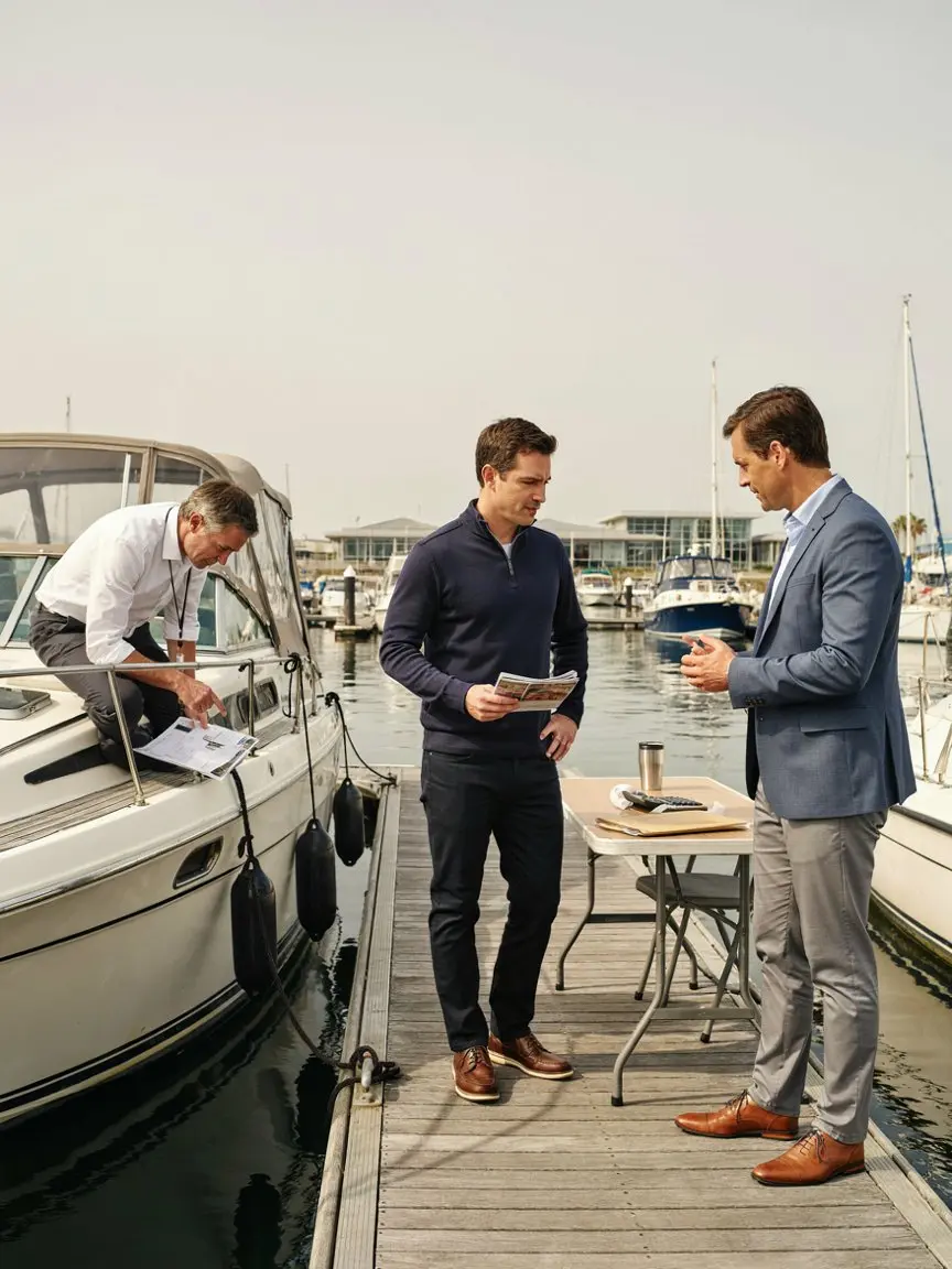 Boat buyer comparing dealer financing and a bank loan before purchasing a boat