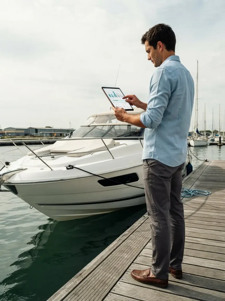 Boat buyer reviewing financing and down payment costs before purchasing a boat