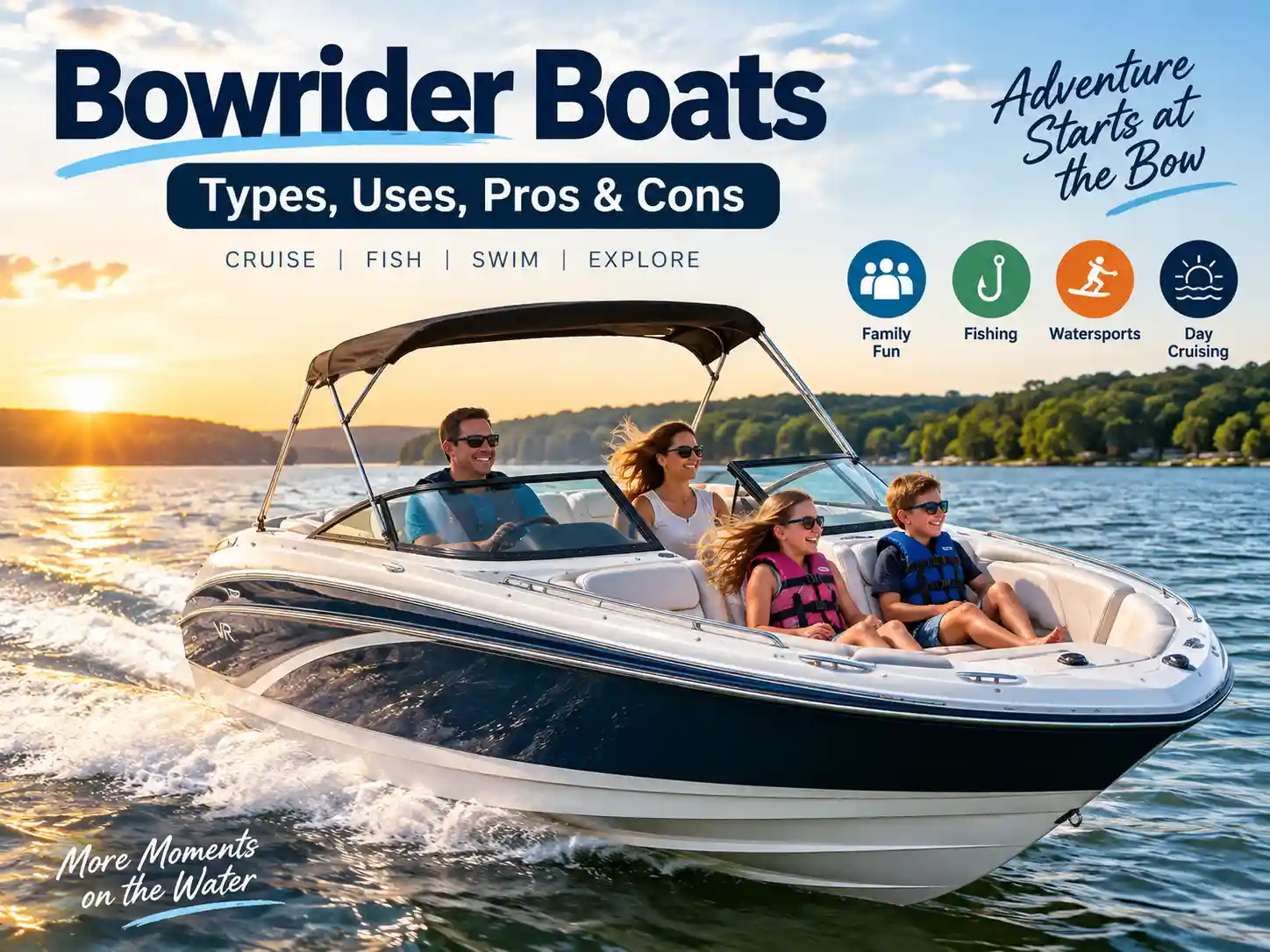 Featured image of a bowrider boat carrying a family on a lake, highlighting cruising, fishing, watersports, and recreational boating.