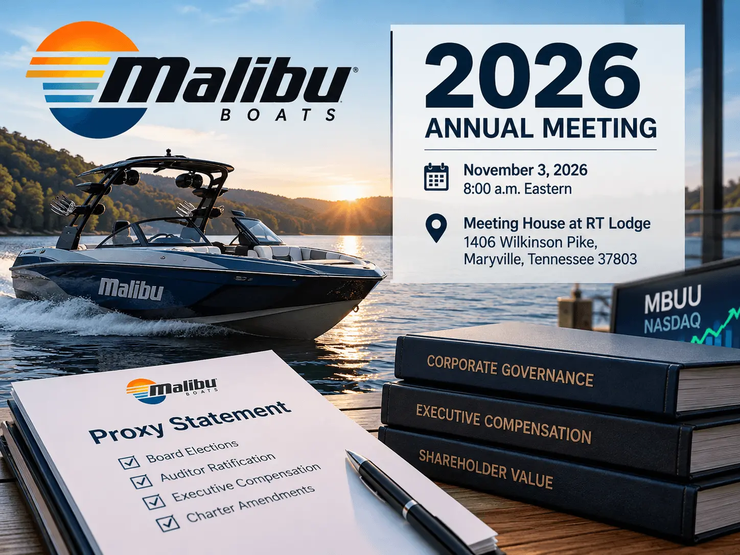 Malibu Boats 2026 annual meeting and corporate governance announcement featuring a Malibu boat, shareholder materials, and meeting details.