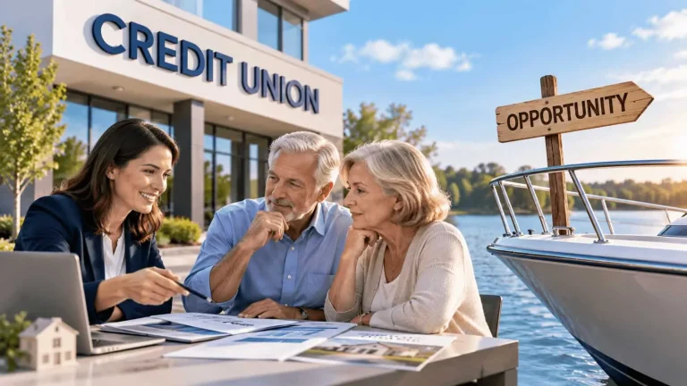 Reverse mortgage discussion between a credit union advisor and older homeowners about home equity and retirement planning
