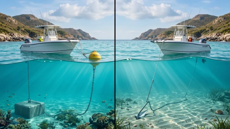 Boat mooring vs anchoring showing a mooring buoy and boat anchor