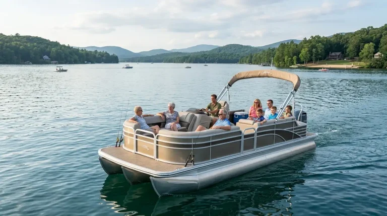 Pontoon boat with seating, bimini shade, storage, and fishing features