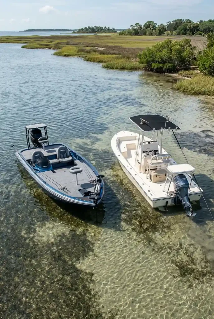 Flats boat and fishing skiff operating in shallow coastal water