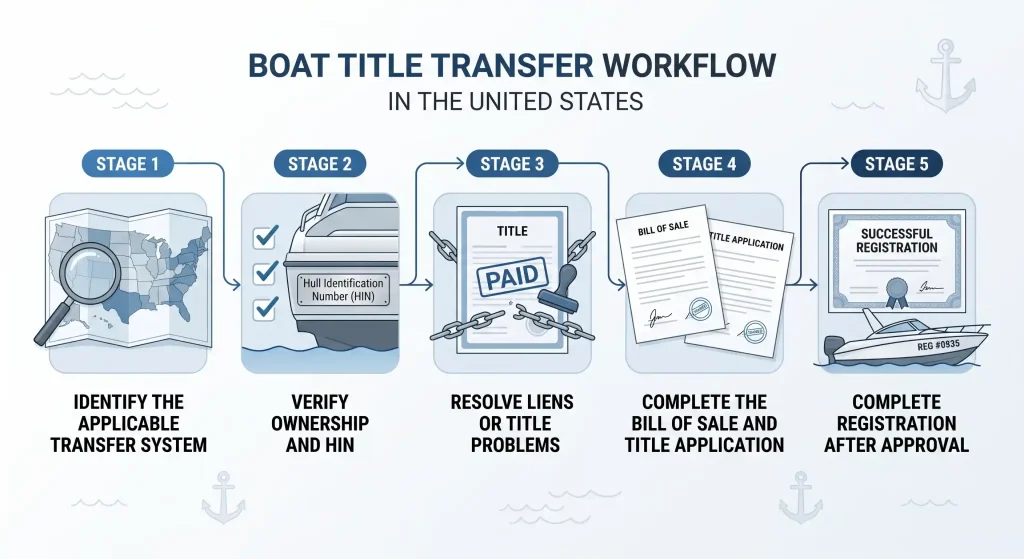 Boat title transfer process from ownership verification to registration