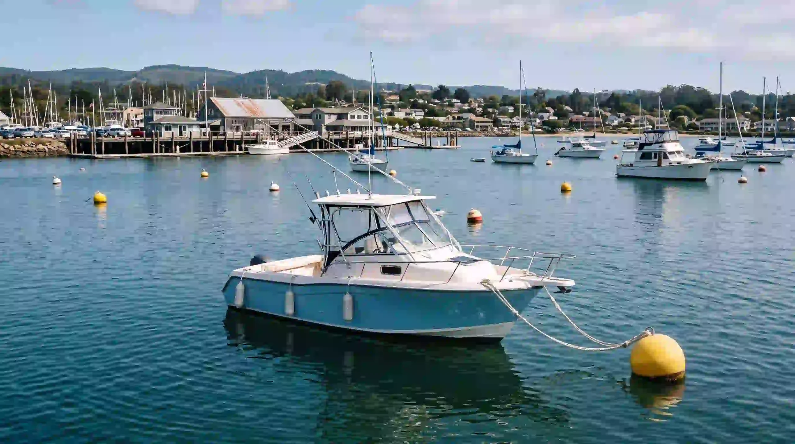 Boat moored at a designated mooring location in a harbor