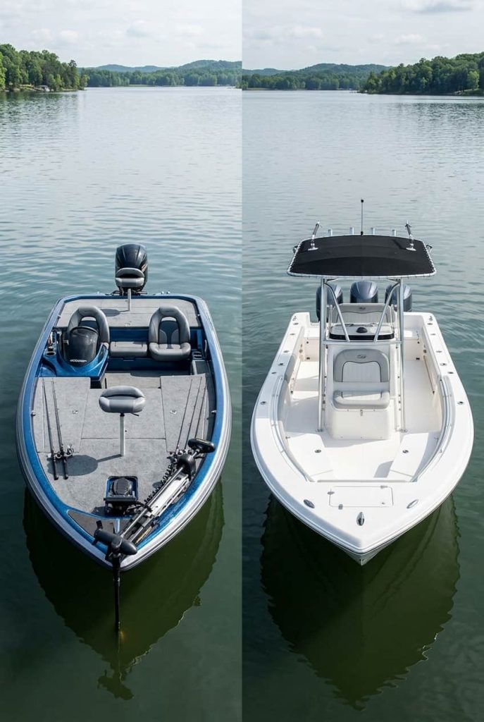 Bass boat and center console boat compared for fishing layout and water use