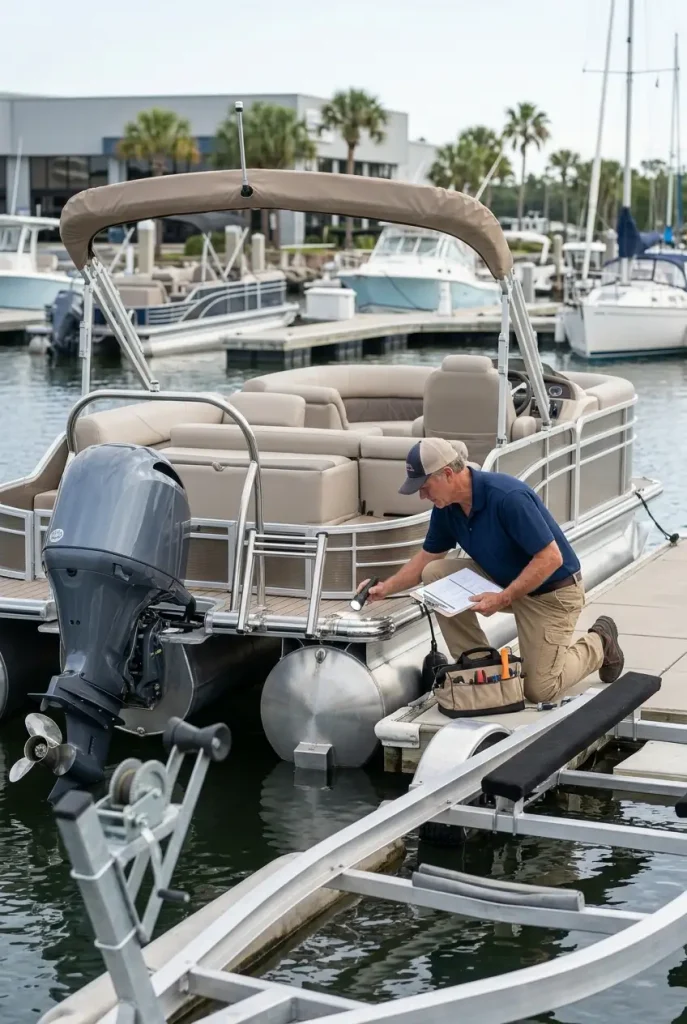 Buyer inspecting a pontoon boat before purchase