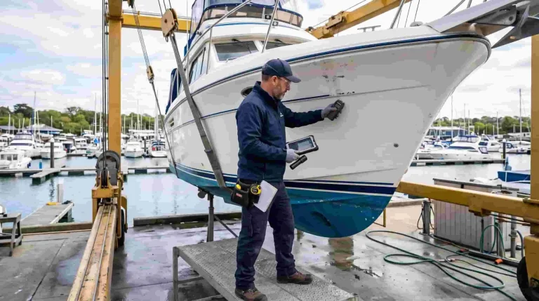 Marine surveyor inspecting a used boat survey guide during a pre-purchase survey
