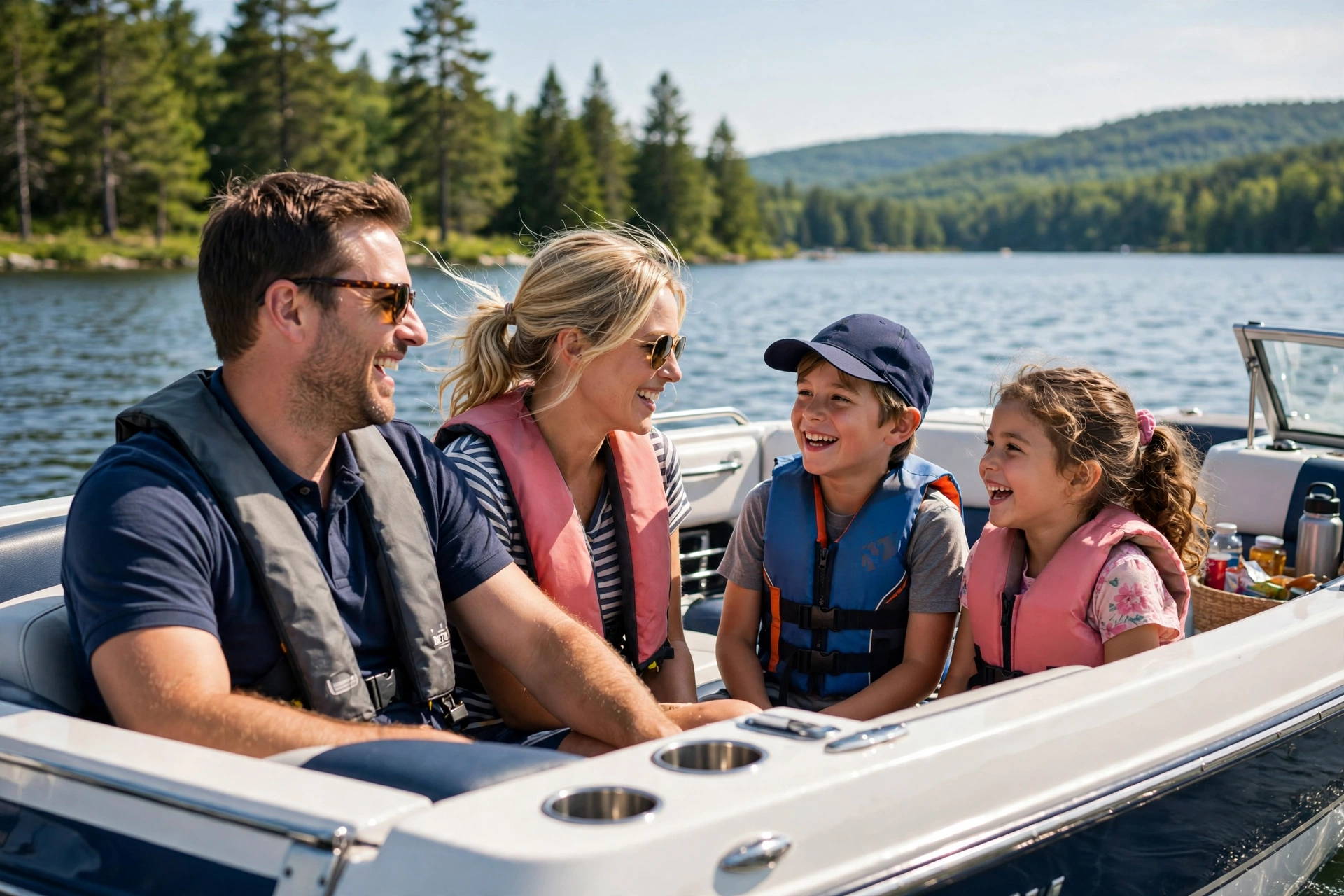 Happy family enjoying a day on a motorboat