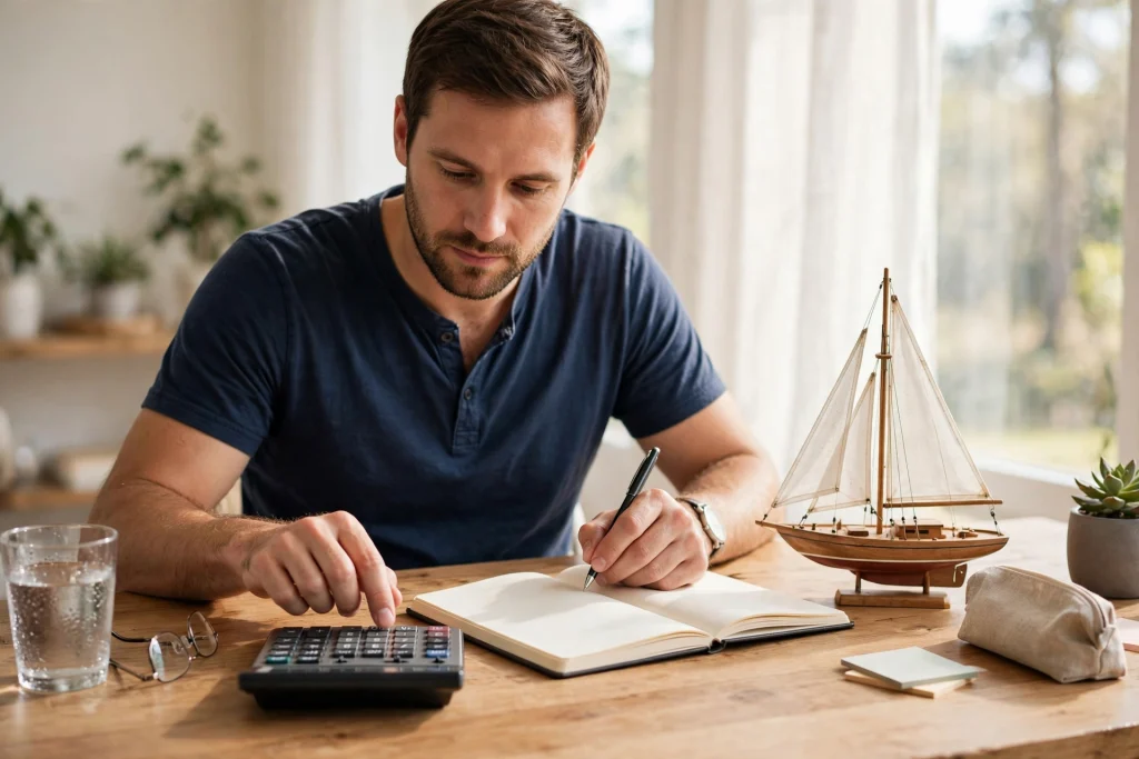 Planning a boat budget with calculator and notebook