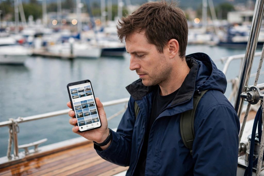 Boat buyer browsing boat listings on a smartphone on deck