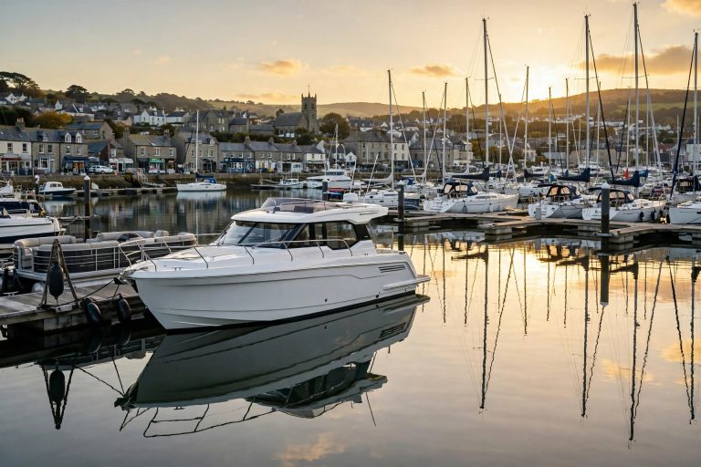 Modern motorboat moored at a British marina at sunset