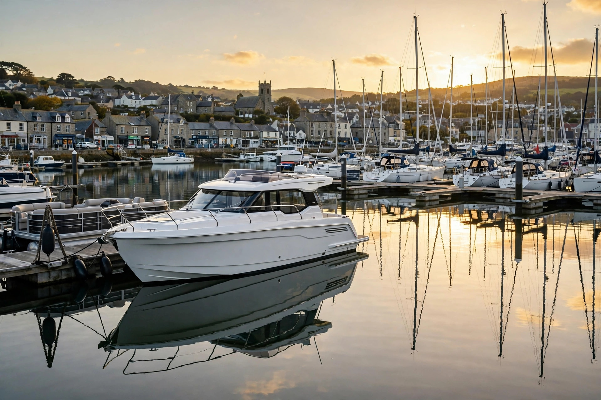 Modern motorboat moored at a British marina at sunset