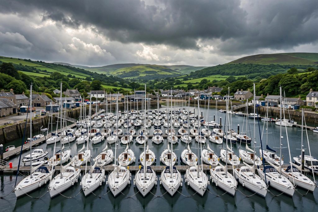 Yachts moored at a UK coastal marina