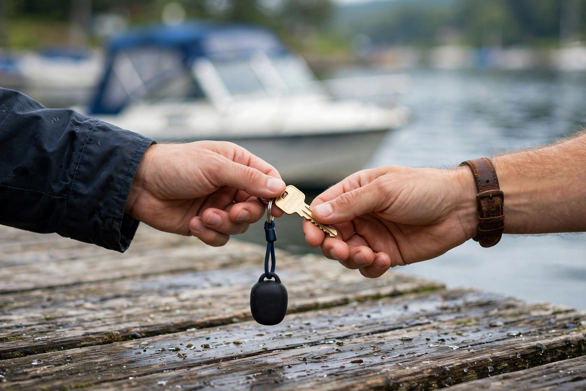Handing over boat keys at a wooden dock