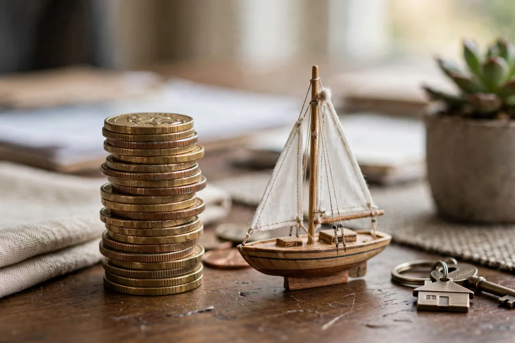 Saving coins for a boat down payment beside a model sailboat