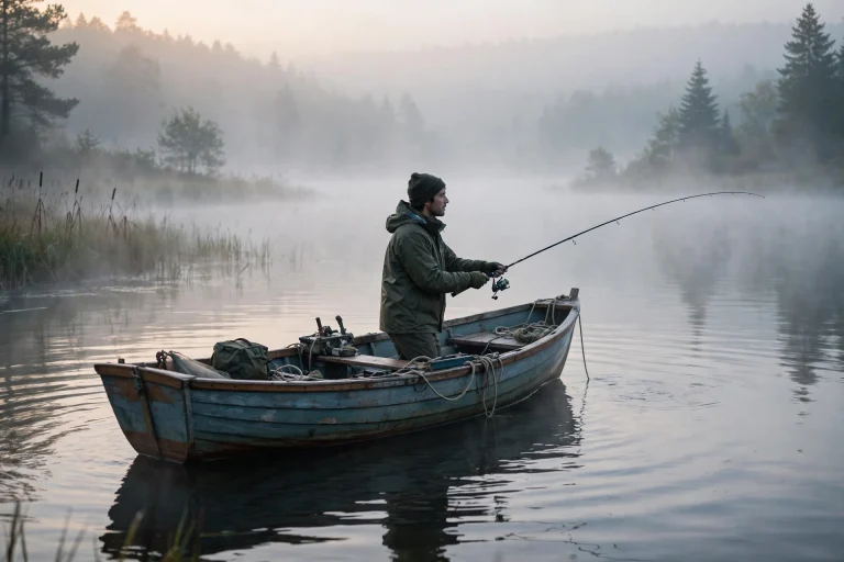 Fishing boat on a misty lake at dawn