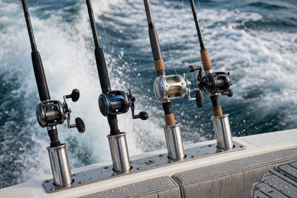 Fishing rods in holders on a boat
