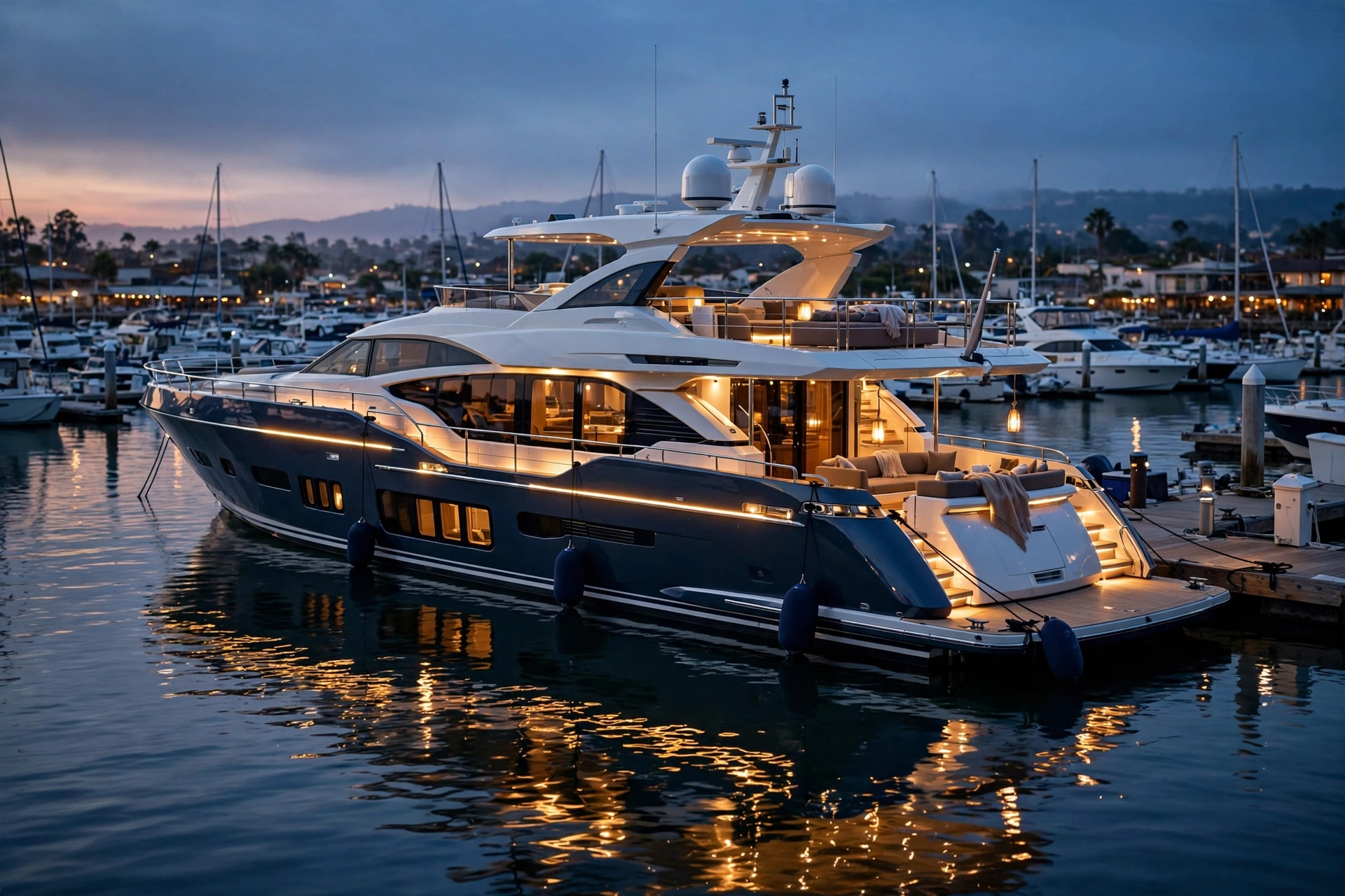 Motor yacht at a marina at dusk