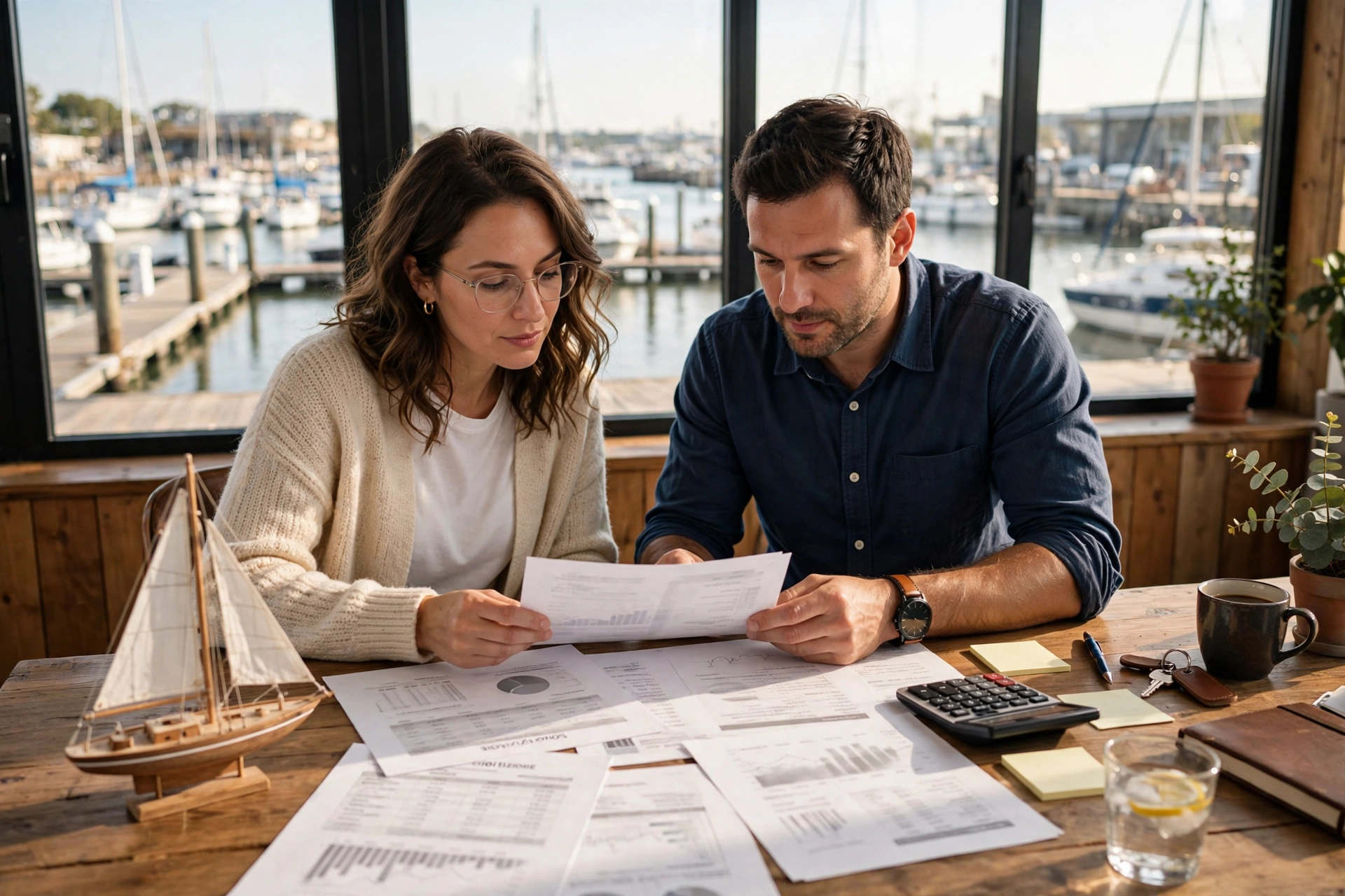 Couple reviewing a printed boat loan amortization schedule at a desk with a model sailboat, marina visible through the window