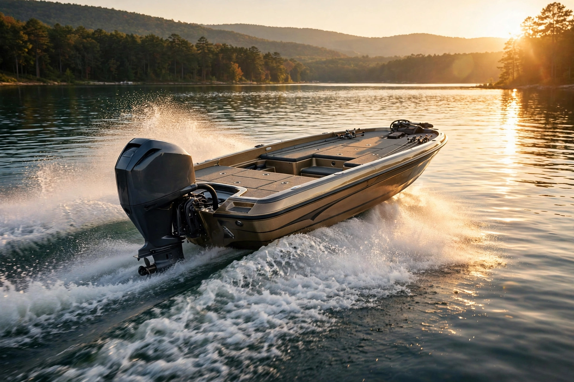 Bass boat speeding across a lake at golden hour